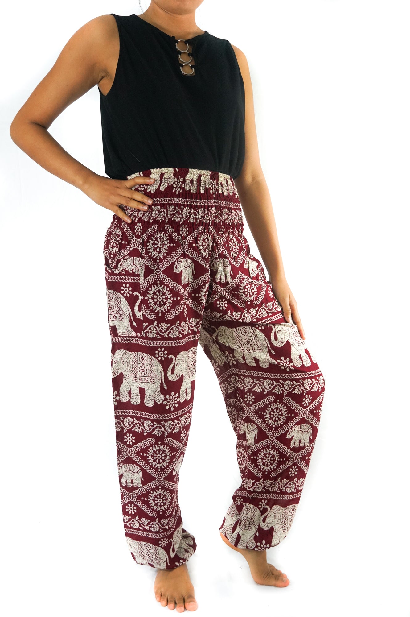 Handmade Unisex Harem Style White Elephant on Burgandy Yoga Pants