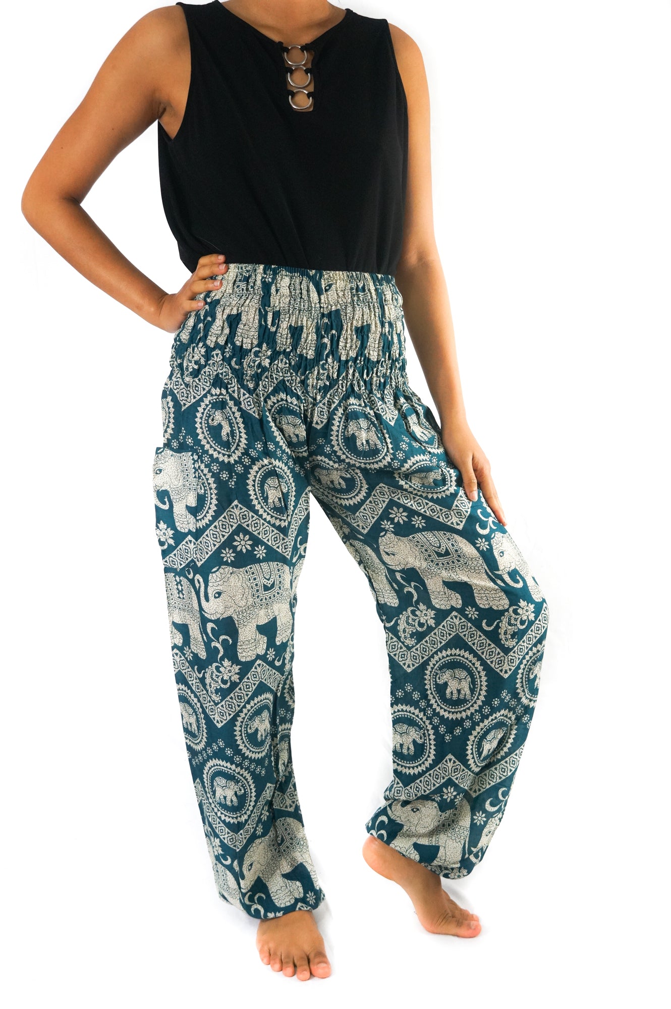 Handmade Unisex Harem, Boho Style White Elephant on Teal Yoga Pants