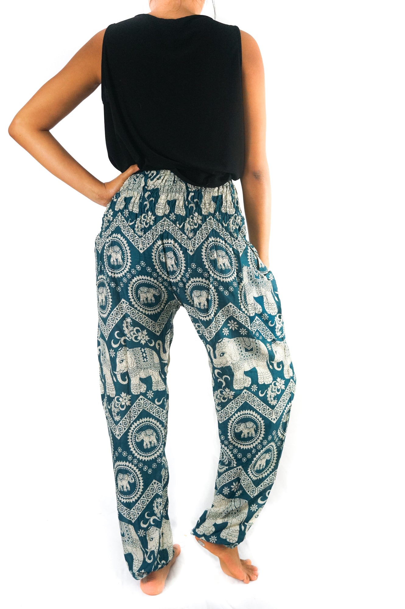 Handmade Unisex Harem, Boho Style White Elephant on Teal Yoga Pants