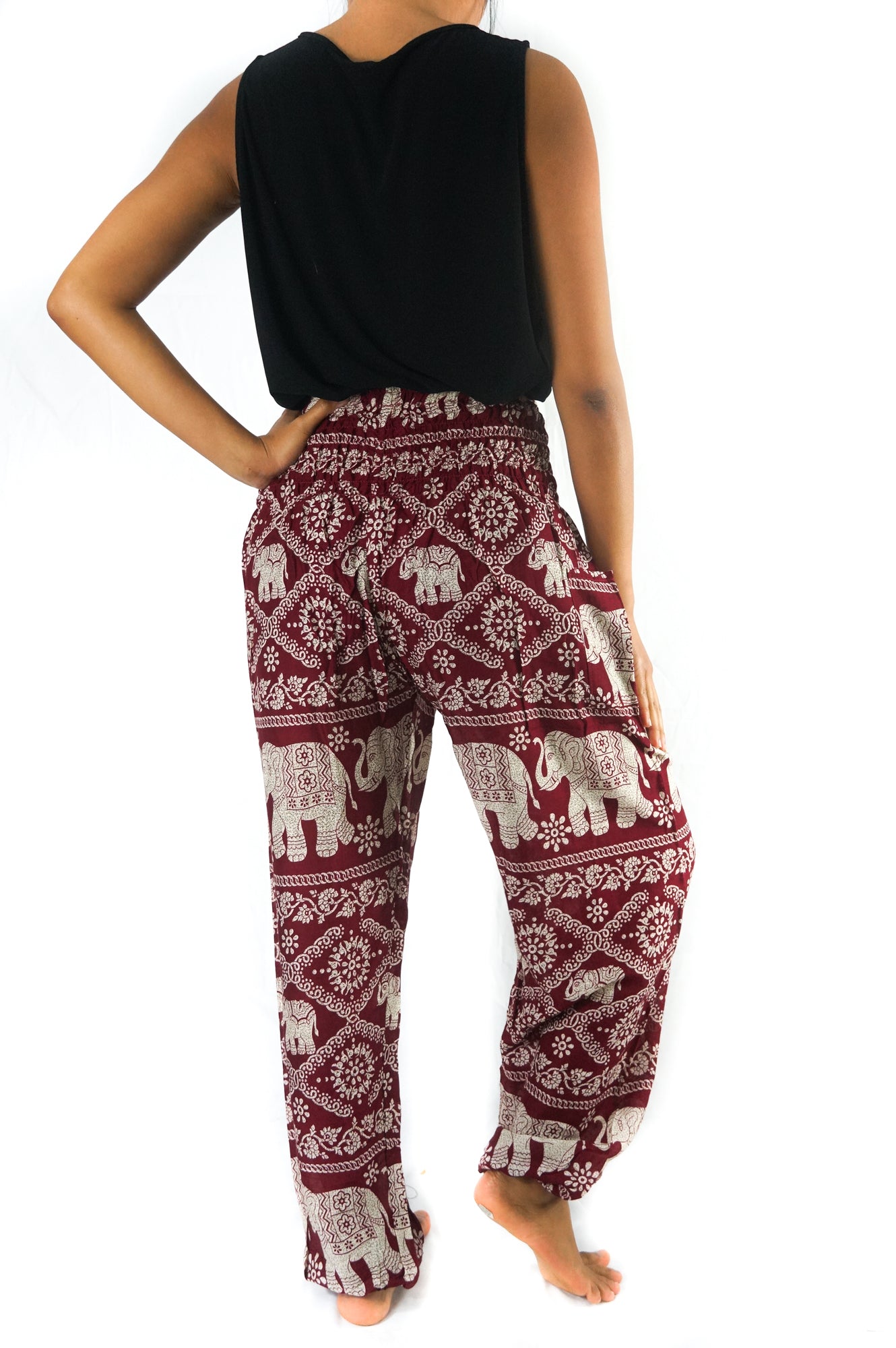Handmade Unisex Harem Style White Elephant on Burgandy Yoga Pants