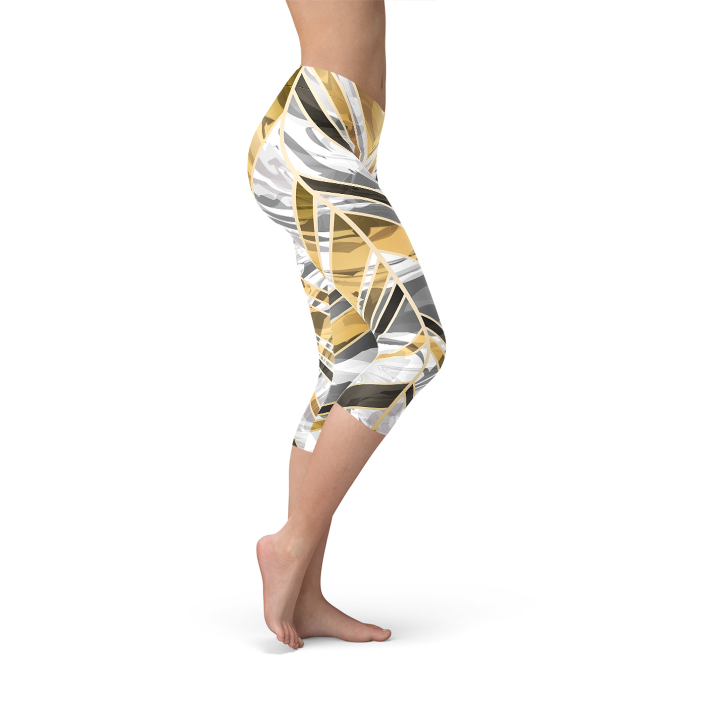 White Marble w/ Black Gold Lines Capri Leggings/Yoga Pants