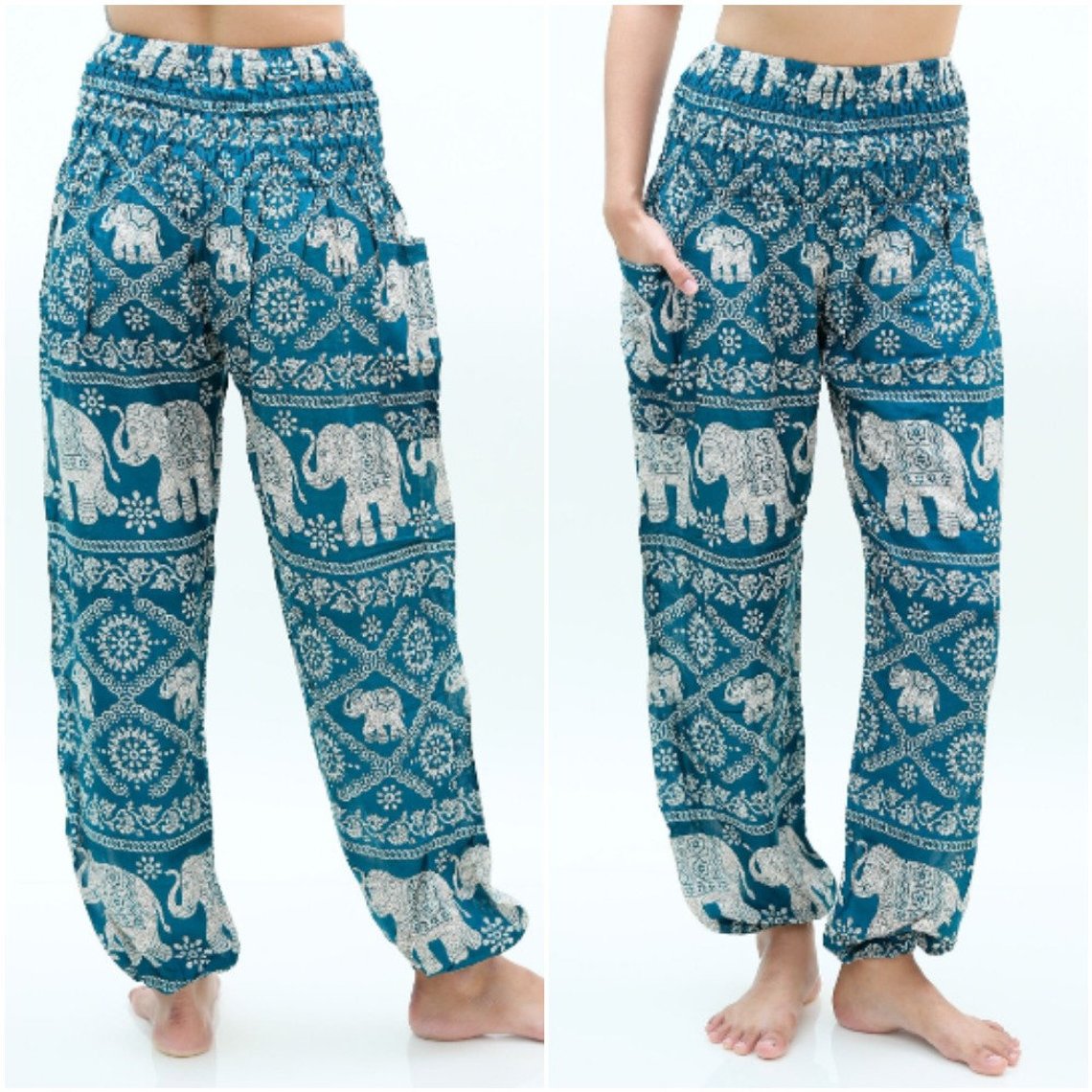 Handmade Unisex Harem, Boho Style White Elephant on Teal Yoga Pants