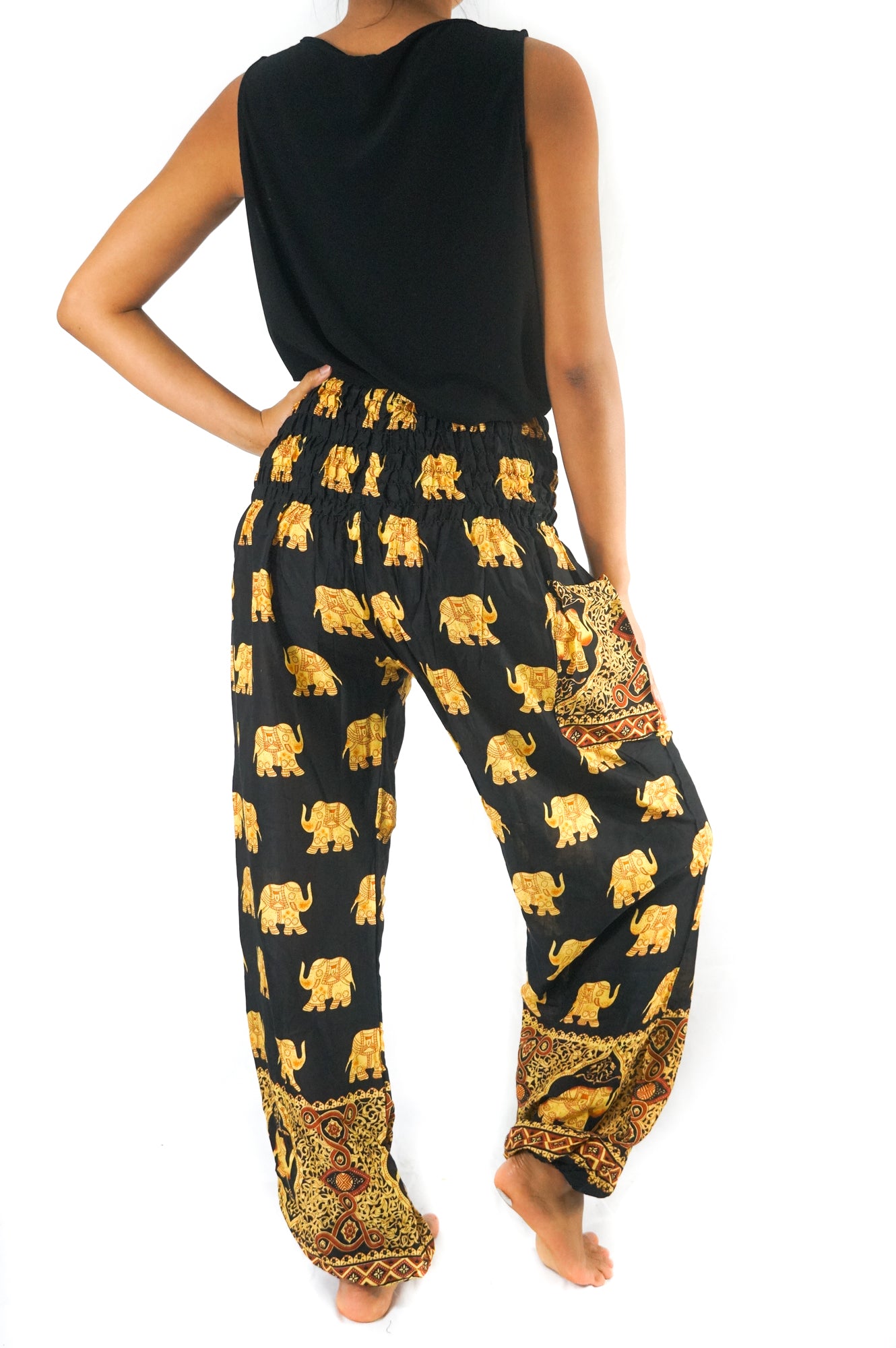 Handmade Unisex Golden Elephant on Black Yoga/Boho Pants