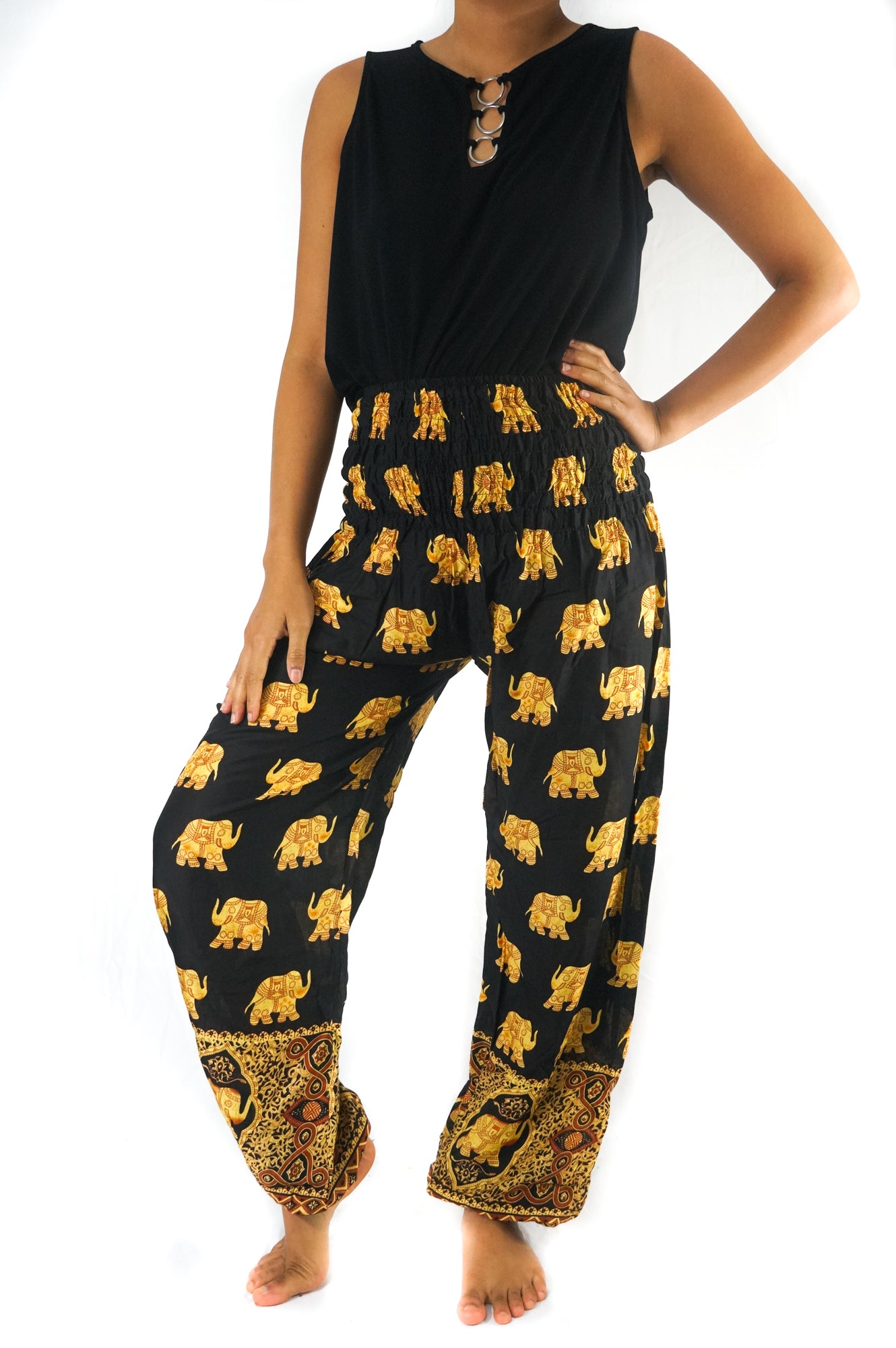 Handmade Unisex Golden Elephant on Black Yoga/Boho Pants