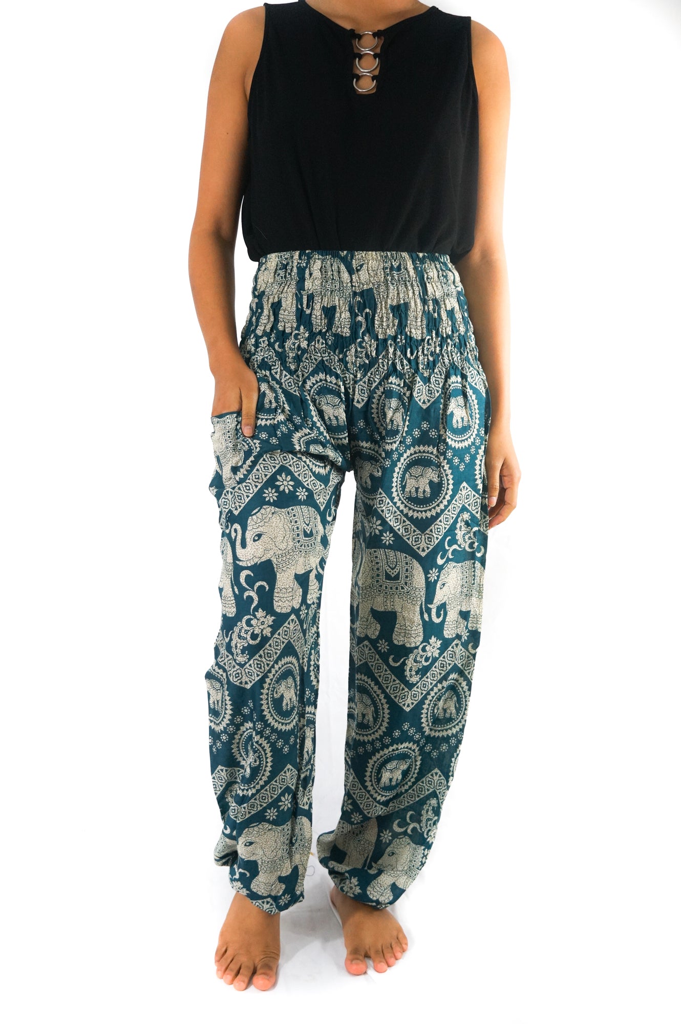 Handmade Unisex Harem, Boho Style White Elephant on Teal Yoga Pants