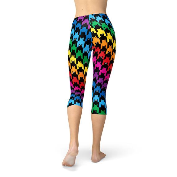 Womens Colorful Cat Houndstooth Capri Leggings
