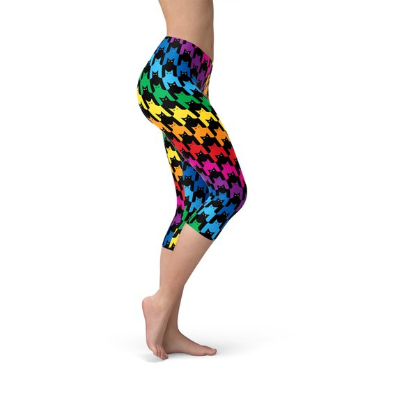 Womens Colorful Cat Houndstooth Capri Leggings