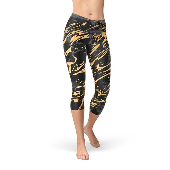 Women's Black Marble w/ Gold Splash Capri Yoga Pants/Leggings