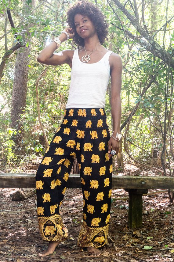 Handmade Unisex Golden Elephant on Black Yoga/Boho Pants