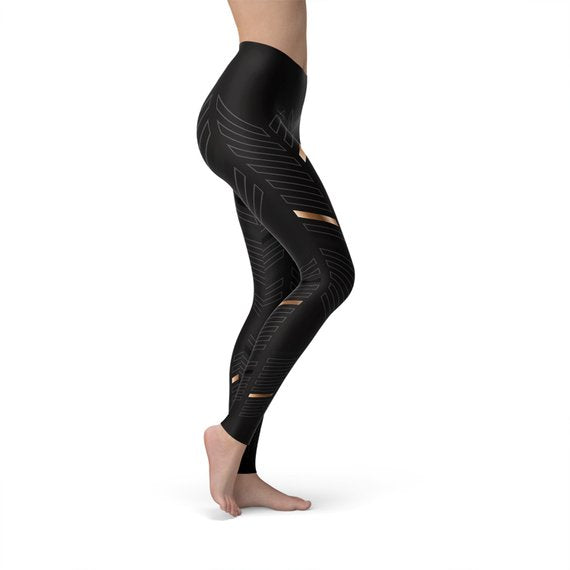 Women's Golden Sports Stripes on Sequenced Black Full-Length Yoga Pant