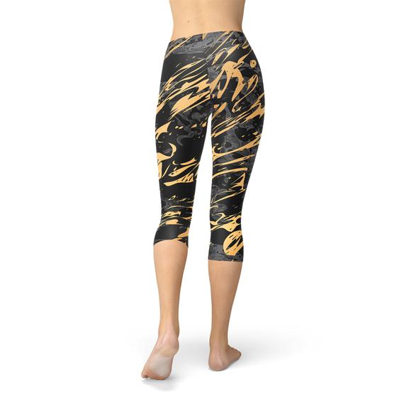 Women's Black Marble w/ Gold Splash Capri Yoga Pants/Leggings