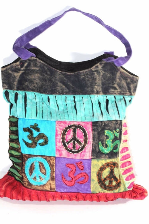 One-of-a-Kind Peace & Om Symbol Patchwork Jhola Carry-All Bag