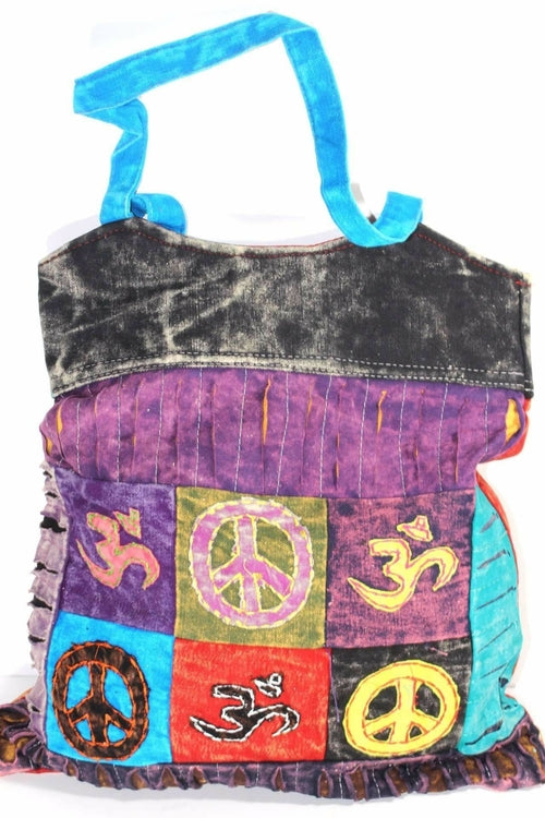 One-of-a-Kind Peace & Om Symbol Patchwork Jhola Carry-All Bag