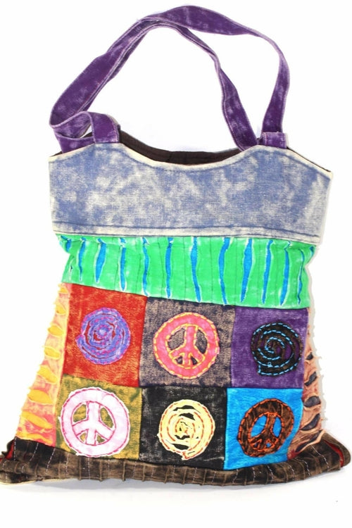 One-of-a-Kind Peace & Om Symbol Patchwork Jhola Carry-All Bag