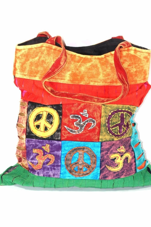 One-of-a-Kind Peace & Om Symbol Patchwork Jhola Carry-All Bag