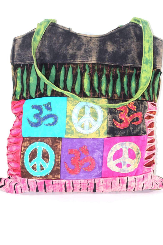 One-of-a-Kind Peace & Om Symbol Patchwork Jhola Carry-All Bag