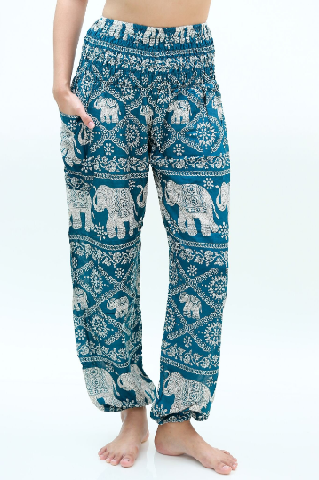 Handmade Unisex Harem, Boho Style White Elephant on Teal Yoga Pants