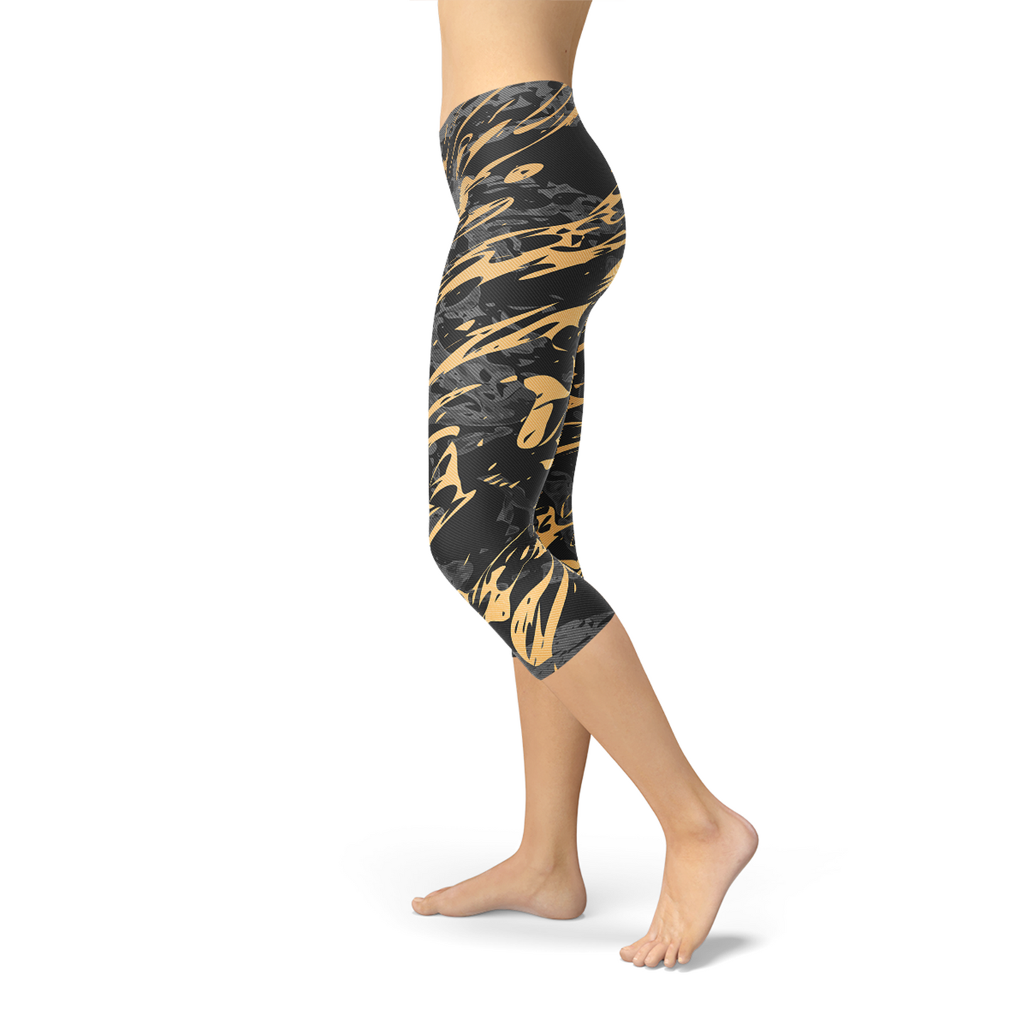 Women's Black Marble w/ Gold Splash Capri Yoga Pants/Leggings
