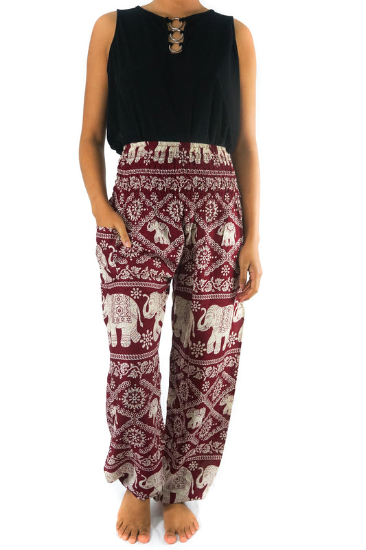 Handmade Unisex Harem Style White Elephant on Burgandy Yoga Pants