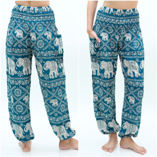 Handmade Unisex Harem, Boho Style White Elephant on Teal Yoga Pants