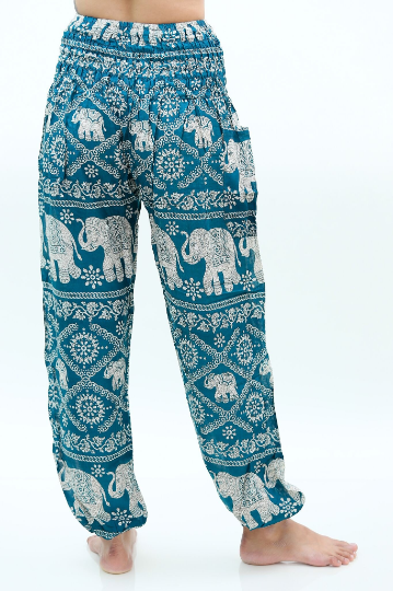 Handmade Unisex Harem, Boho Style White Elephant on Teal Yoga Pants
