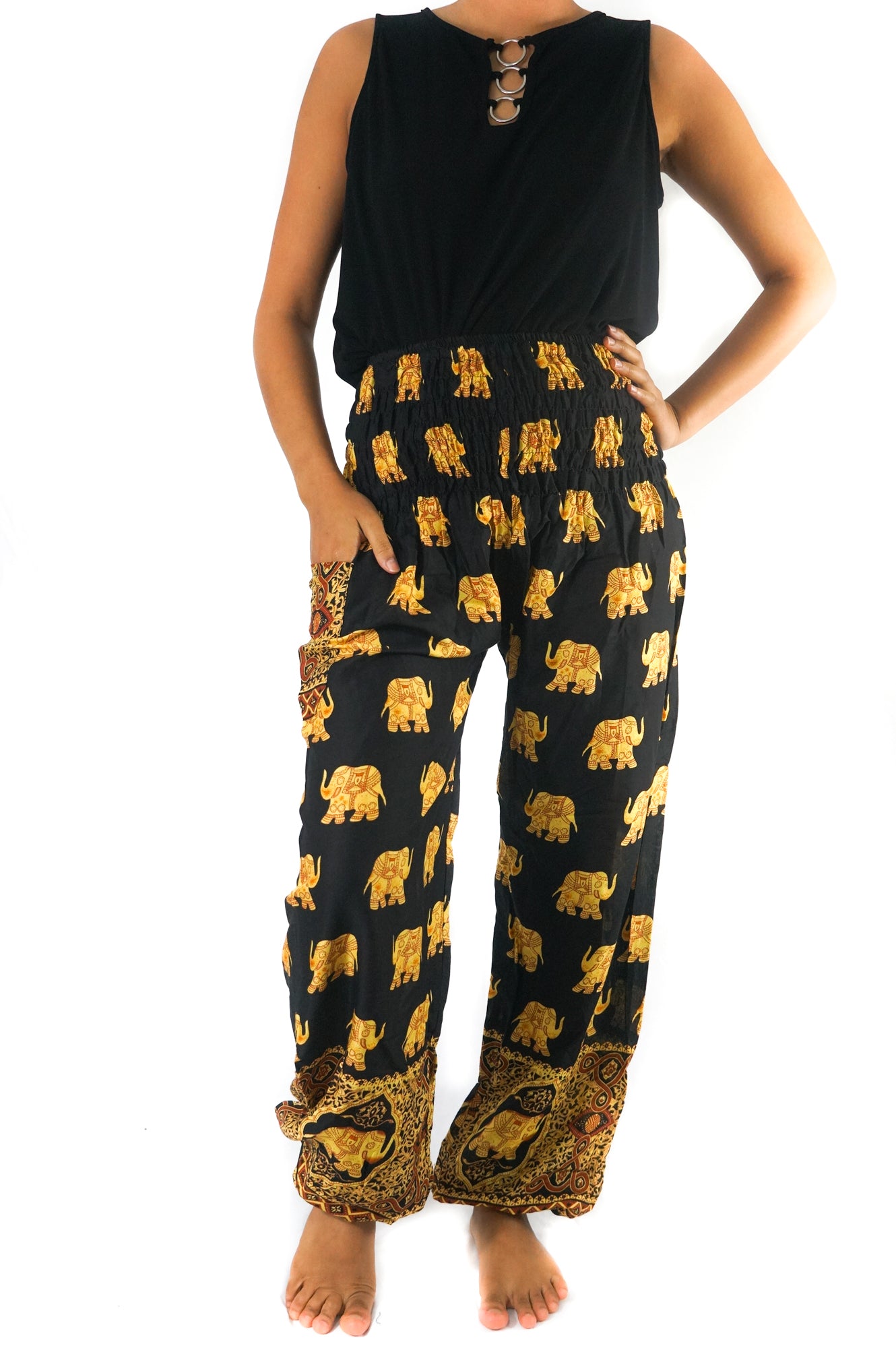 Handmade Unisex Golden Elephant on Black Yoga/Boho Pants