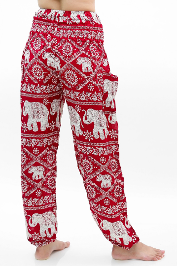 Handmade Unisex Harem Style White Elephant on Burgandy Yoga Pants