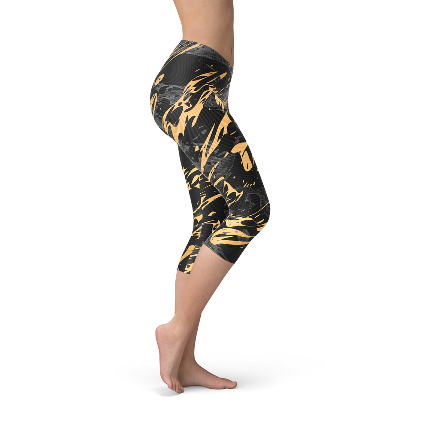 Women's Black Marble w/ Gold Splash Capri Yoga Pants/Leggings
