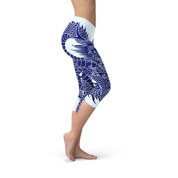 Women's Japanese Blue Dragon Capri Yoga Pants/Leggings