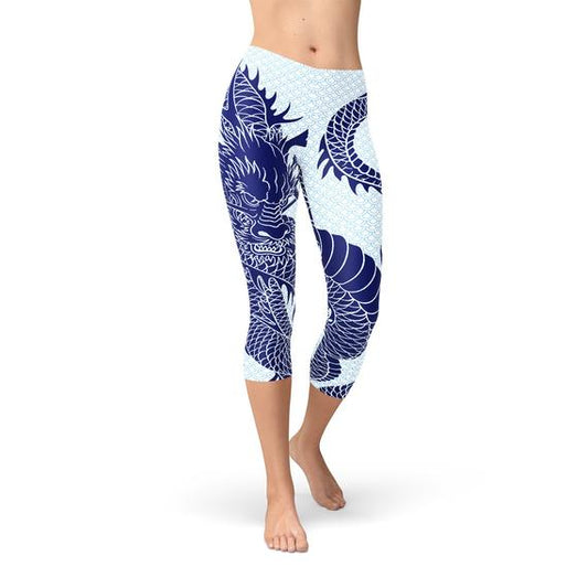 Women's Japanese Blue Dragon Capri Yoga Pants/Leggings