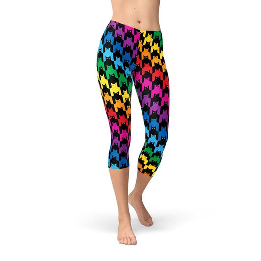 Womens Colorful Cat Houndstooth Capri Leggings