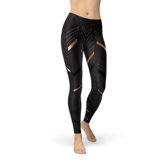 Women's Golden Sports Stripes on Sequenced Black Full-Length Yoga Pant