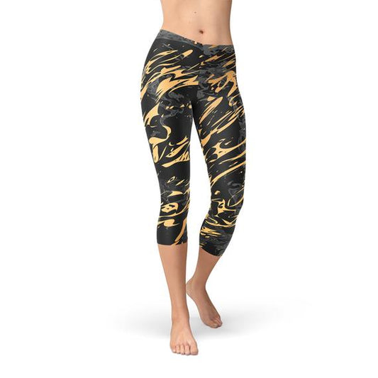 Women's Black Marble w/ Gold Splash Capri Yoga Pants/Leggings