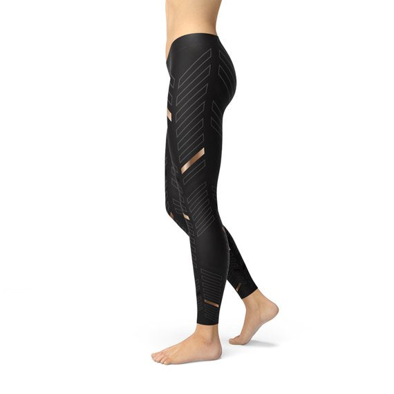 Women's Golden Sports Stripes on Sequenced Black Full-Length Yoga Pant