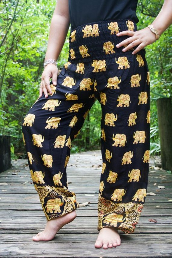 Handmade Unisex Golden Elephant on Black Yoga/Boho Pants